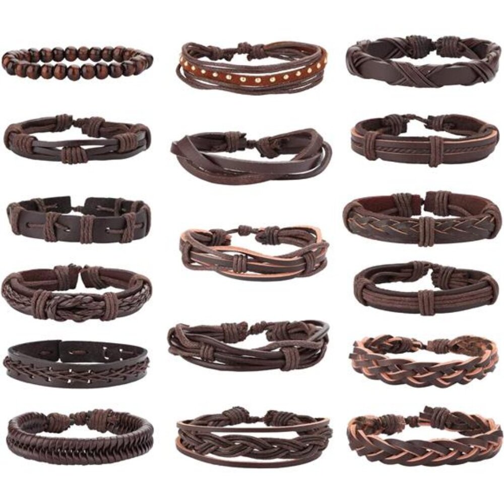 17Pcs Braided Leather Bracelet for Men Wooden Beaded Cuff Wrap